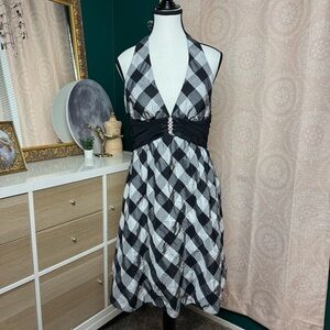 Hailey Logan Y2K Homecoming Dress Black Gray Checked Halter Backless Size 13/14
